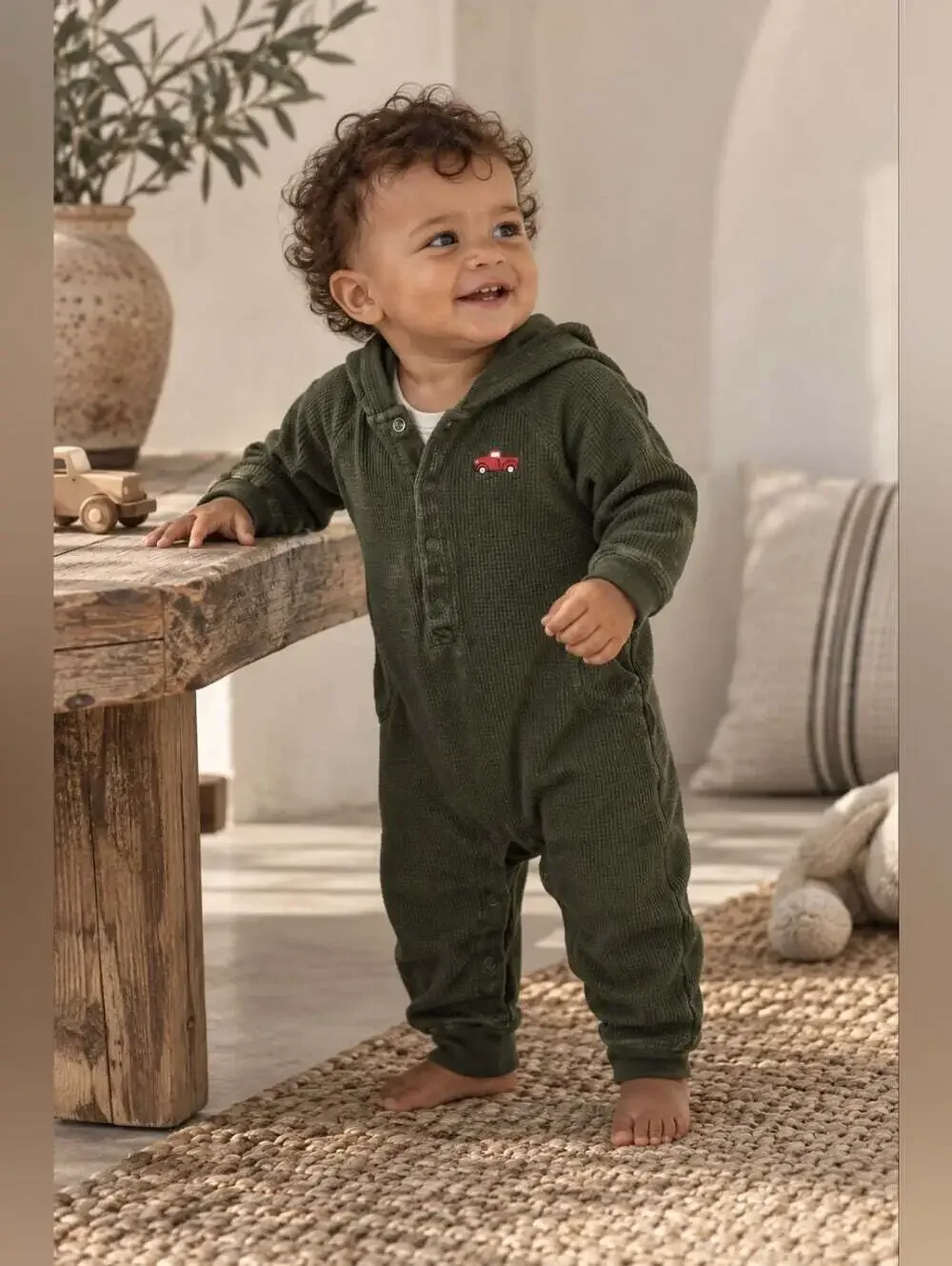 Gymboree Baby Hooded Coverall 6-12M Olive Green Waffle Knit Truck 2008